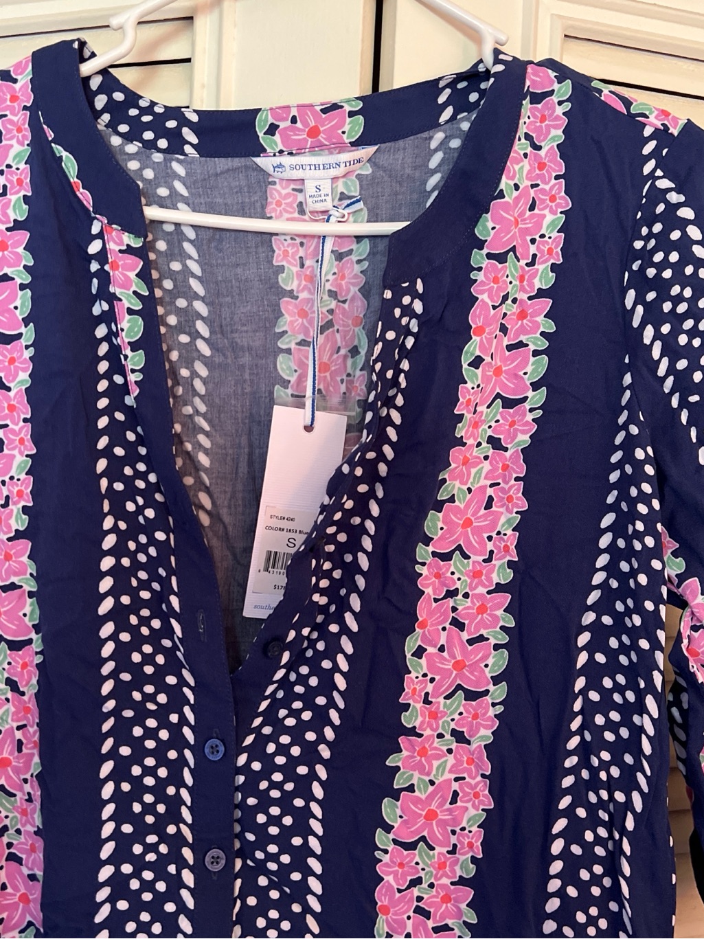 Southern Tide Navy Button-Up With Pink Floral Stripes
